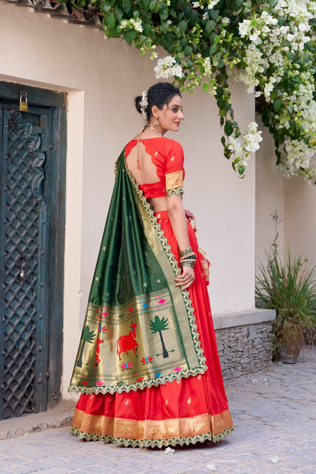 Red Zari Weaving With Sequins and Thread Embroidery Silk Paithani Lehenga Choli