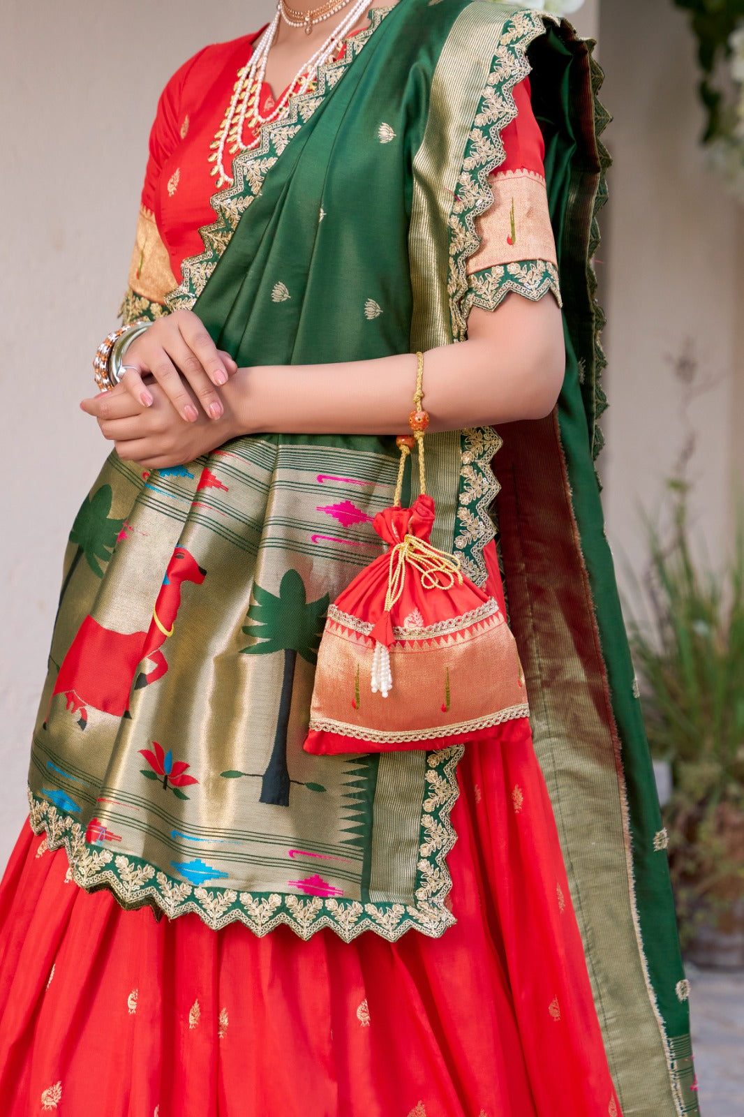 Red Zari Weaving With Sequins and Thread Embroidery Silk Paithani Lehenga Choli