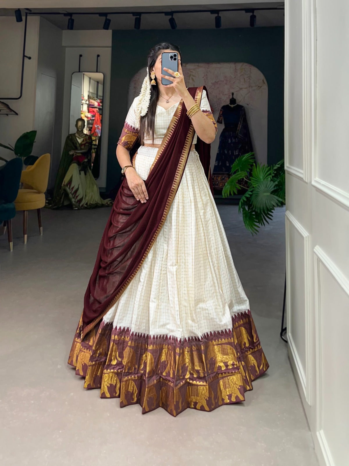 Wine Zari Weaving Chex Work Poly Cotton Lehenga Choli