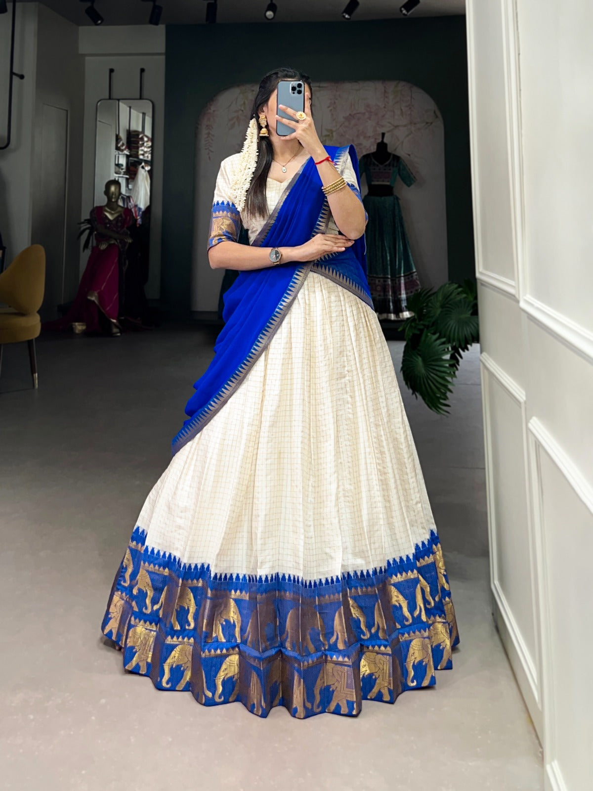 Royal Blue Zari Weaving Chex Work Poly Cotton Lehenga Choli