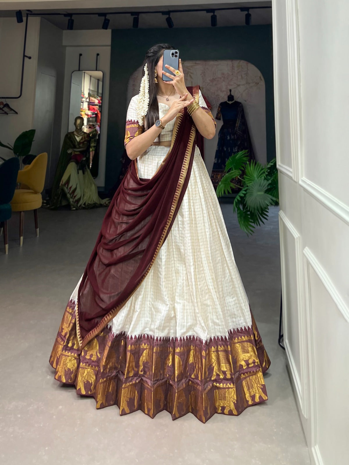 Wine Zari Weaving Chex Work Poly Cotton Lehenga Choli