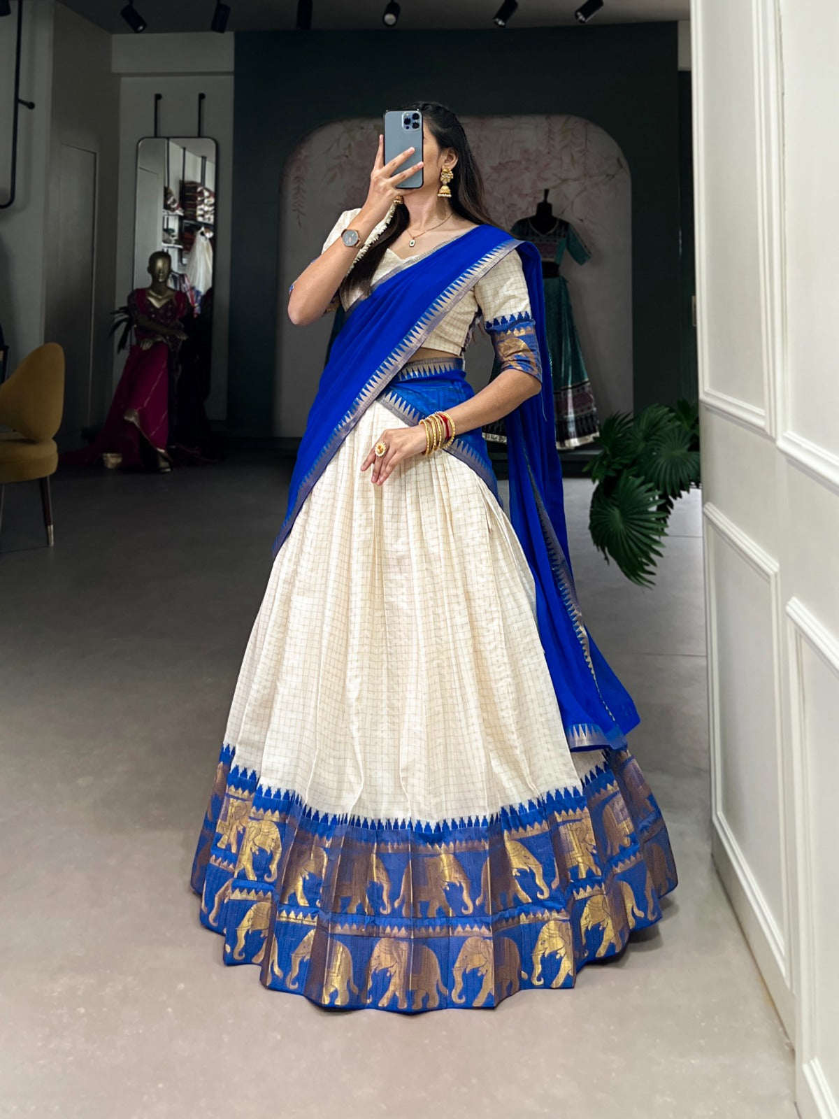 Royal Blue Zari Weaving Chex Work Poly Cotton Lehenga Choli