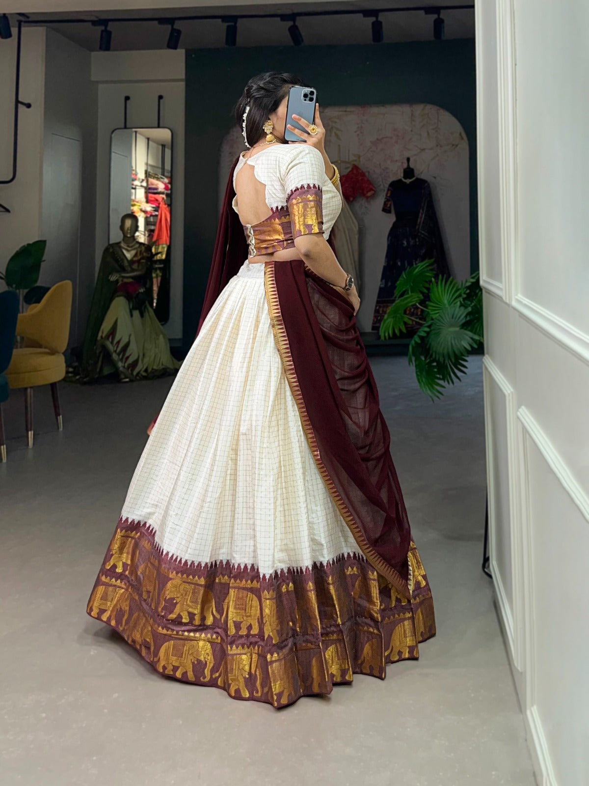 Wine Zari Weaving Chex Work Poly Cotton Lehenga Choli