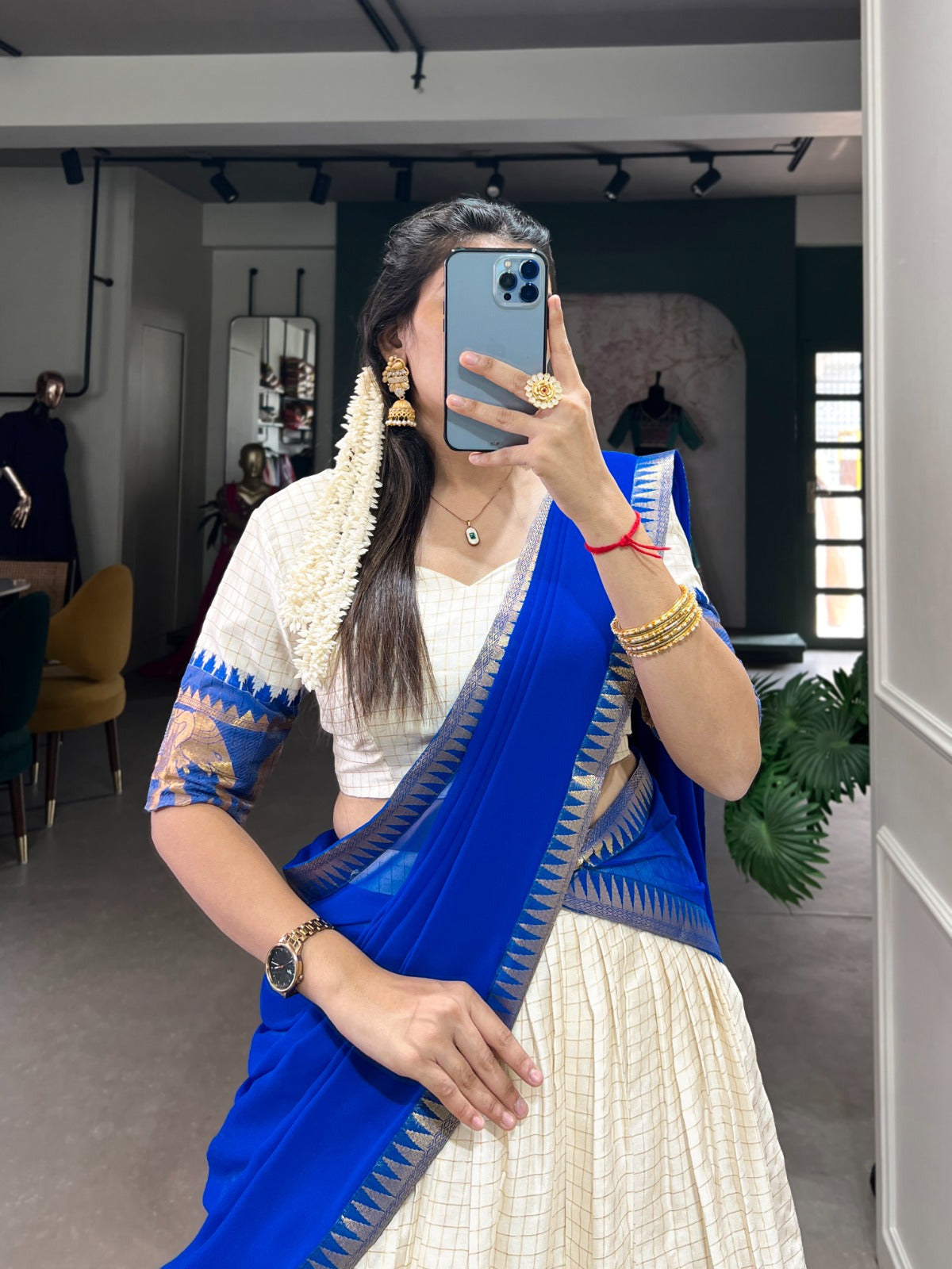 Royal Blue Zari Weaving Chex Work Poly Cotton Lehenga Choli
