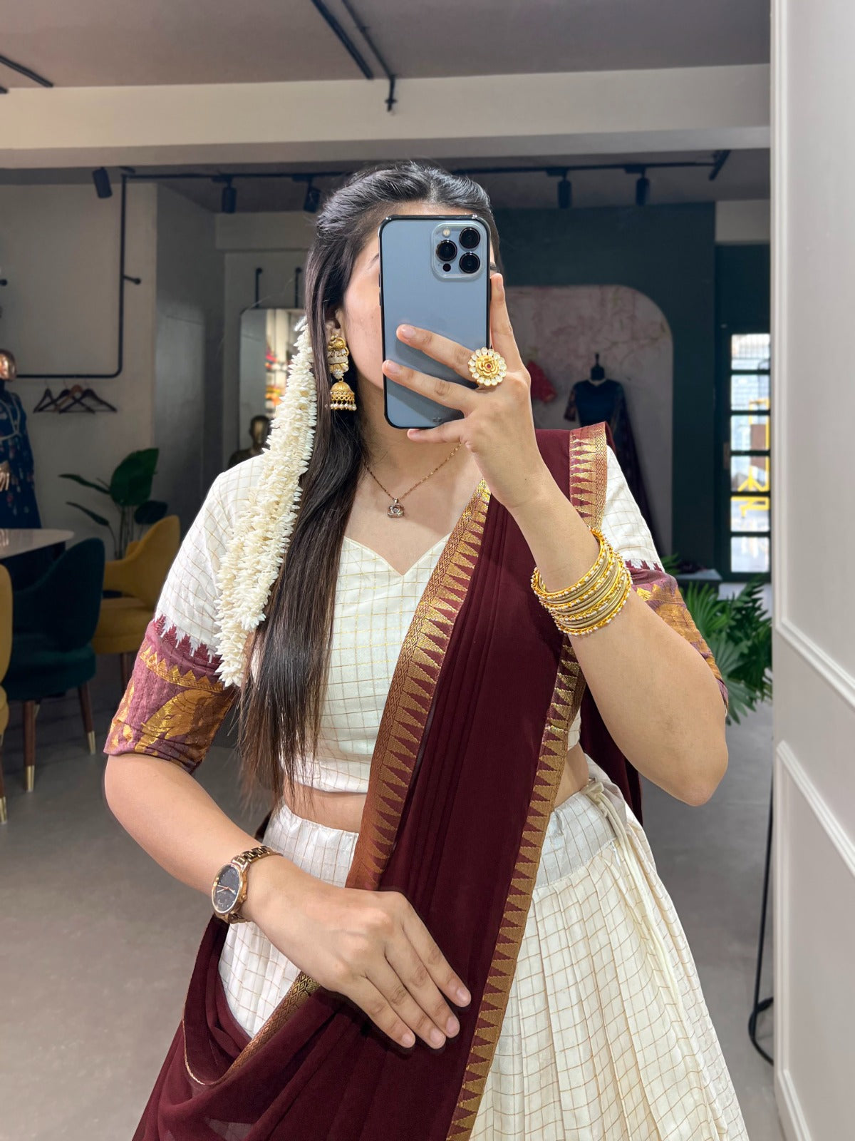 Wine Zari Weaving Chex Work Poly Cotton Lehenga Choli
