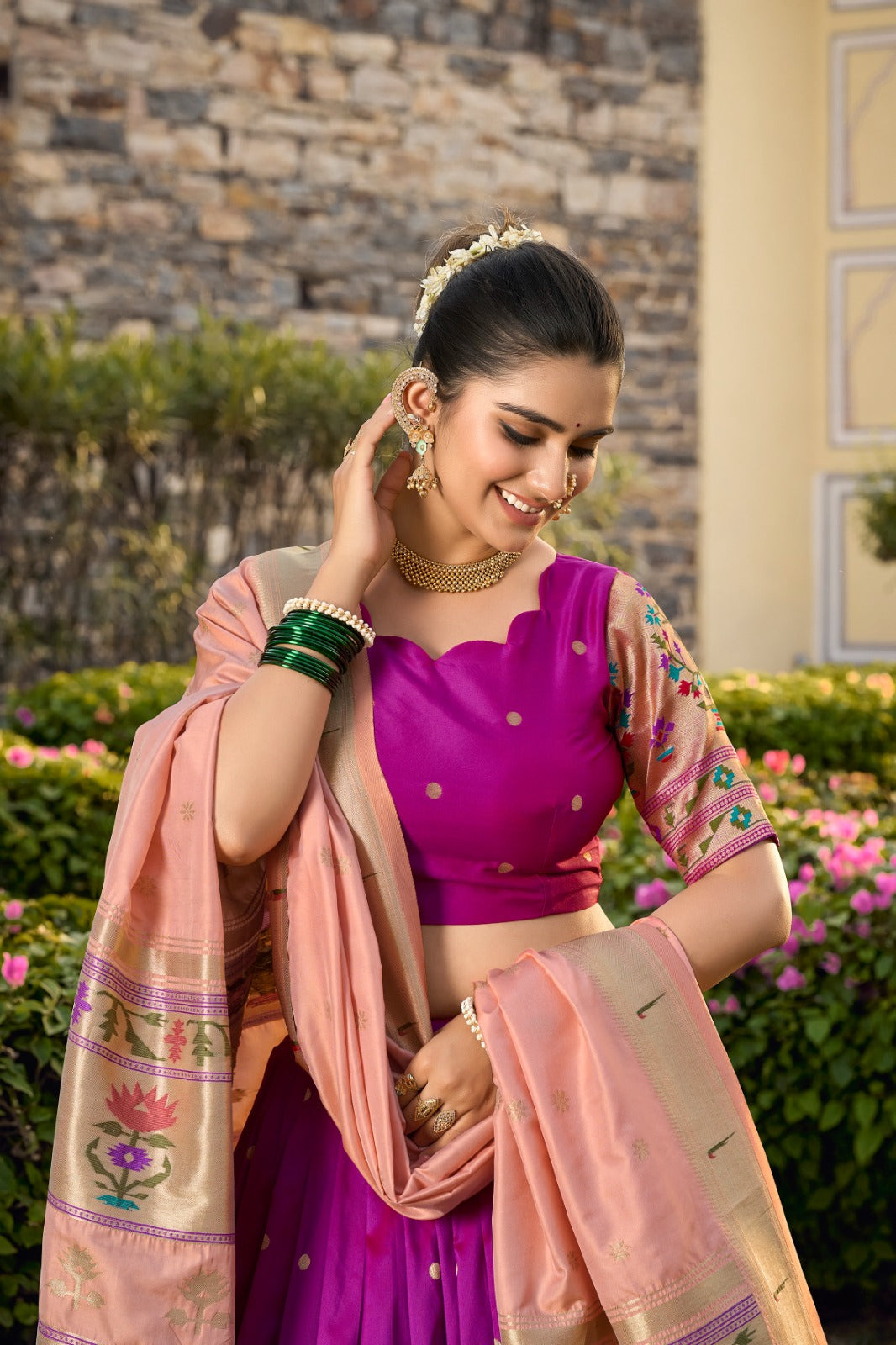 Purple Weaved Zari Jacquard Silk Paithani Lehenga Choli