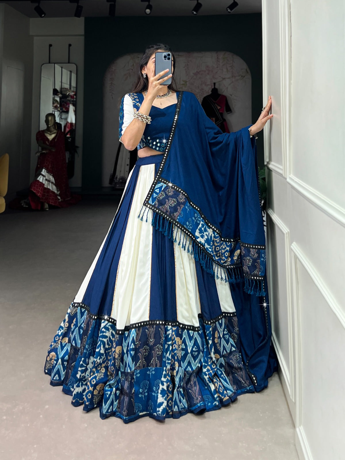 Blue Printed With Paper Mirror Work Lace And Gota Patti Lehenga Choli