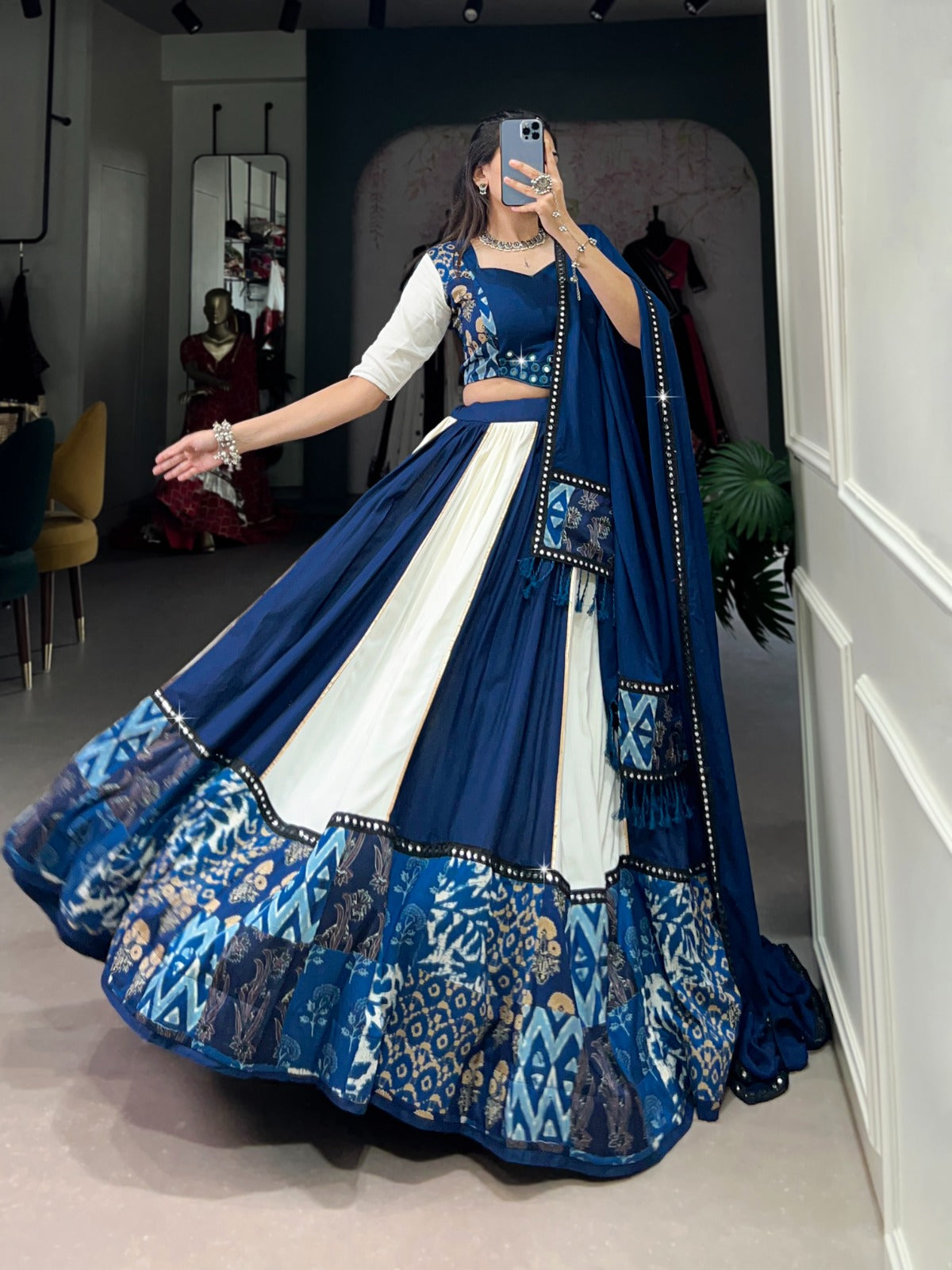 Blue Printed With Paper Mirror Work Lace And Gota Patti Lehenga Choli