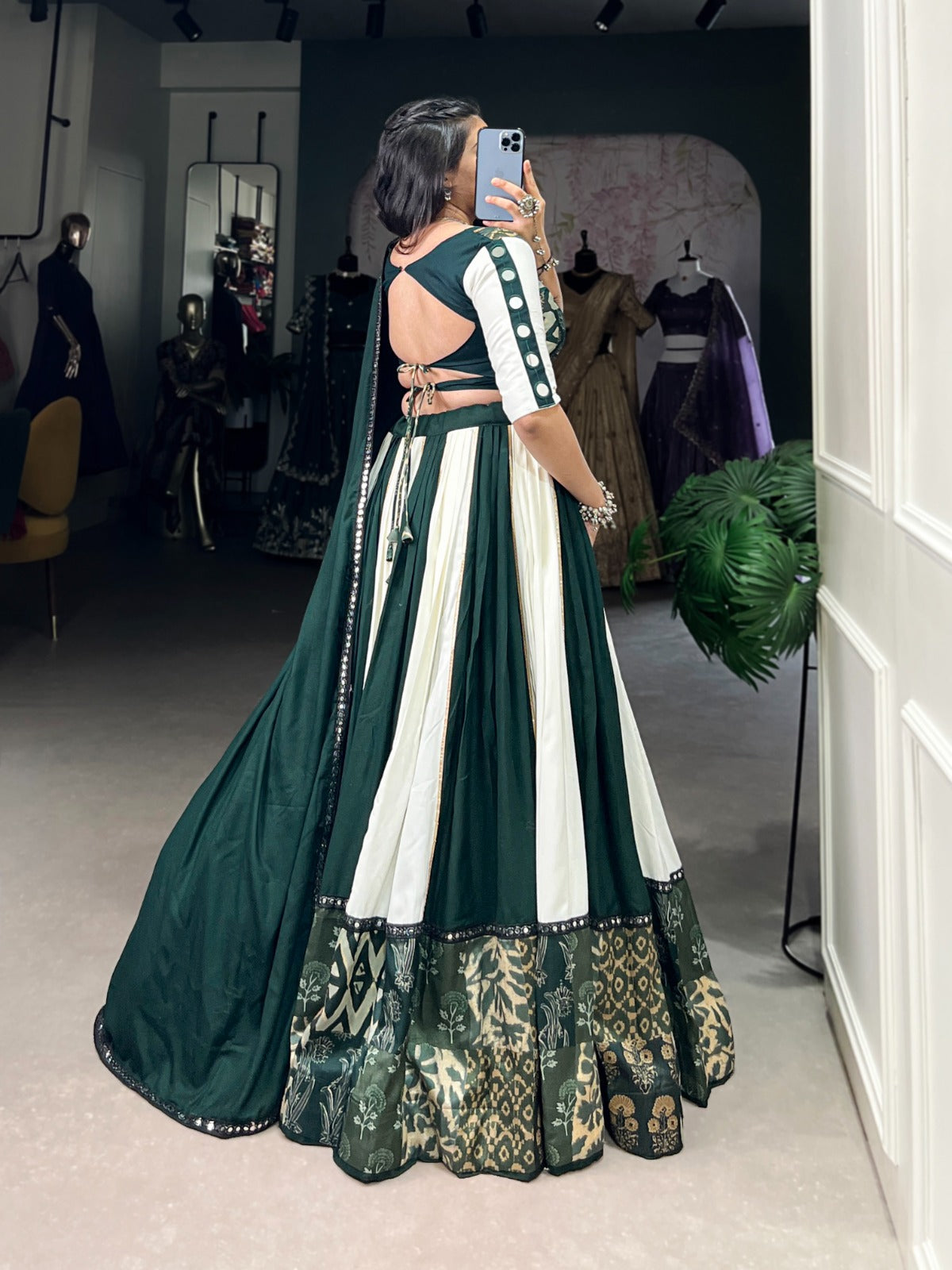 Green Printed With Paper Mirror Work Lace And Gota Patti Lehenga Choli