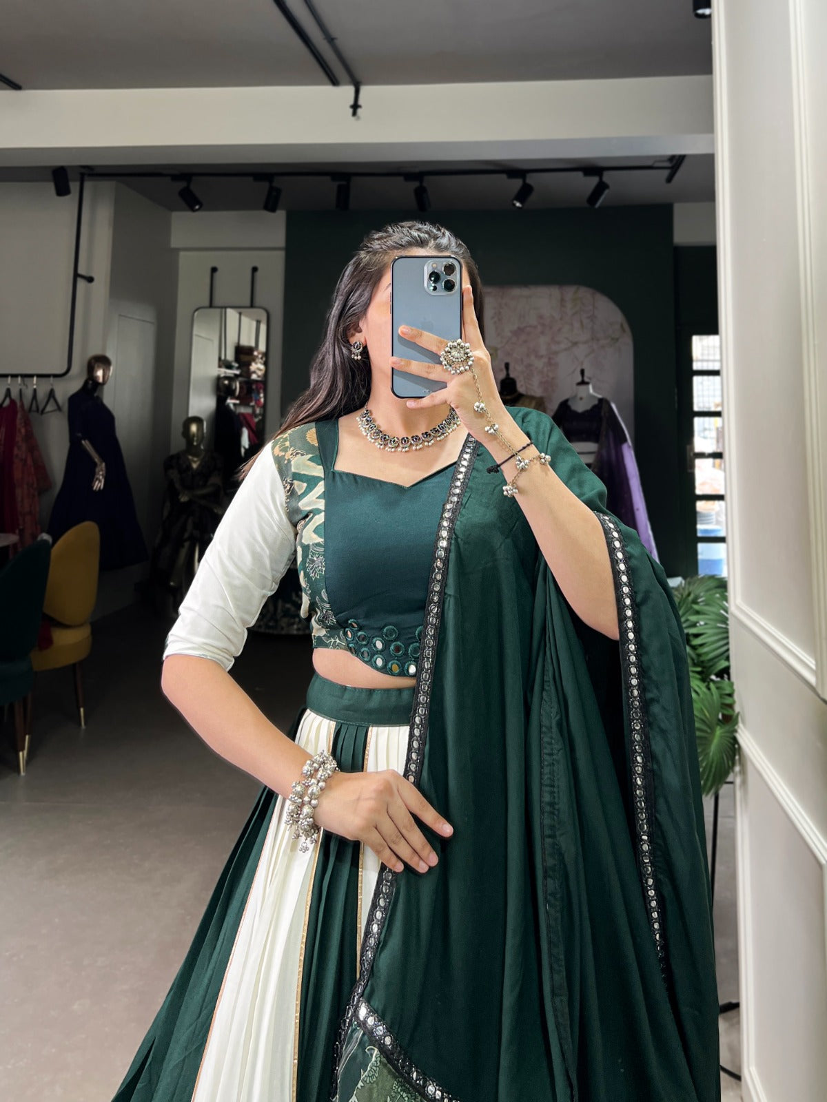 Green Printed With Paper Mirror Work Lace And Gota Patti Lehenga Choli