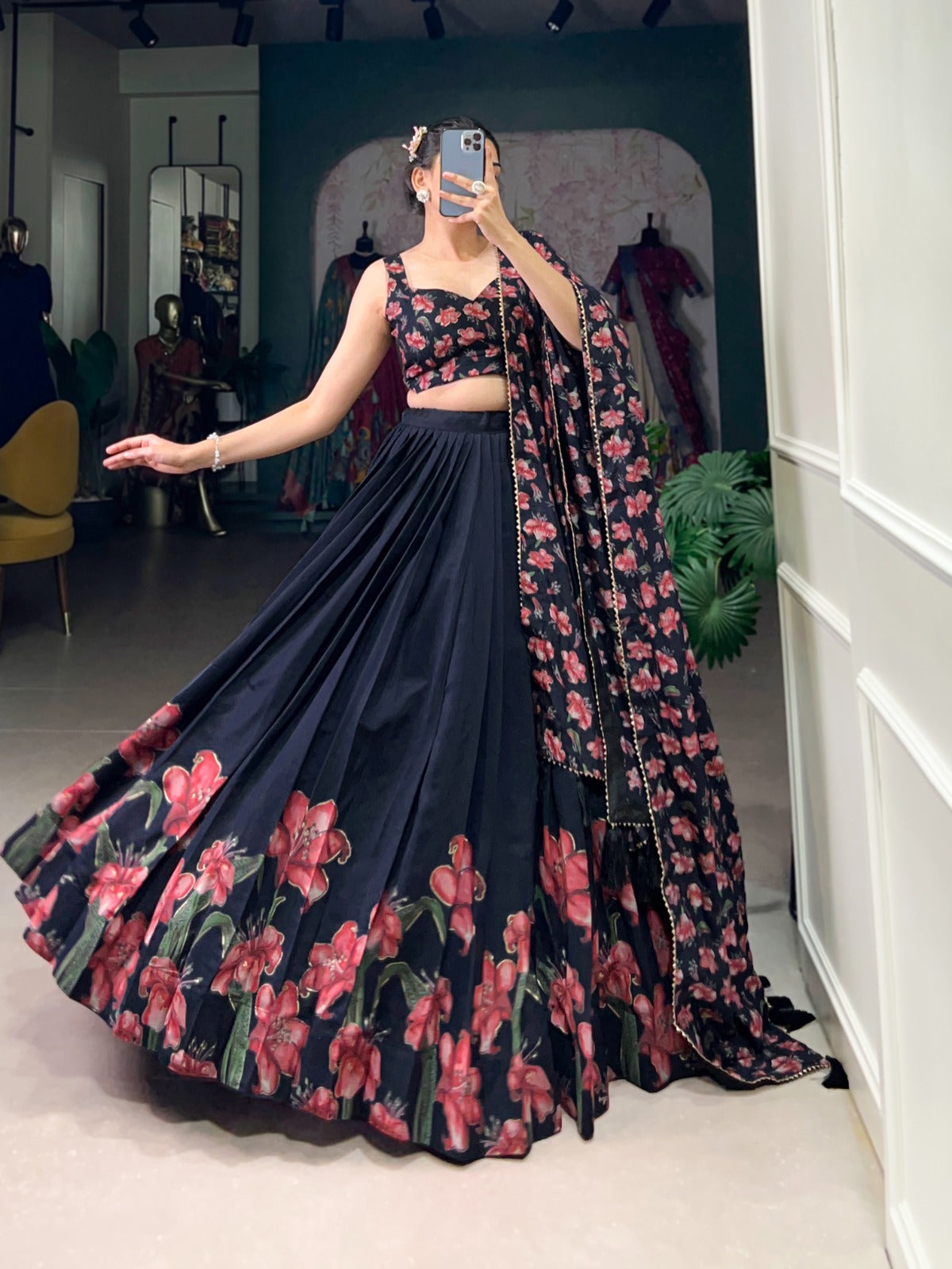 Black Tussar Silk Floral Print With Foil Work Lehenga choli