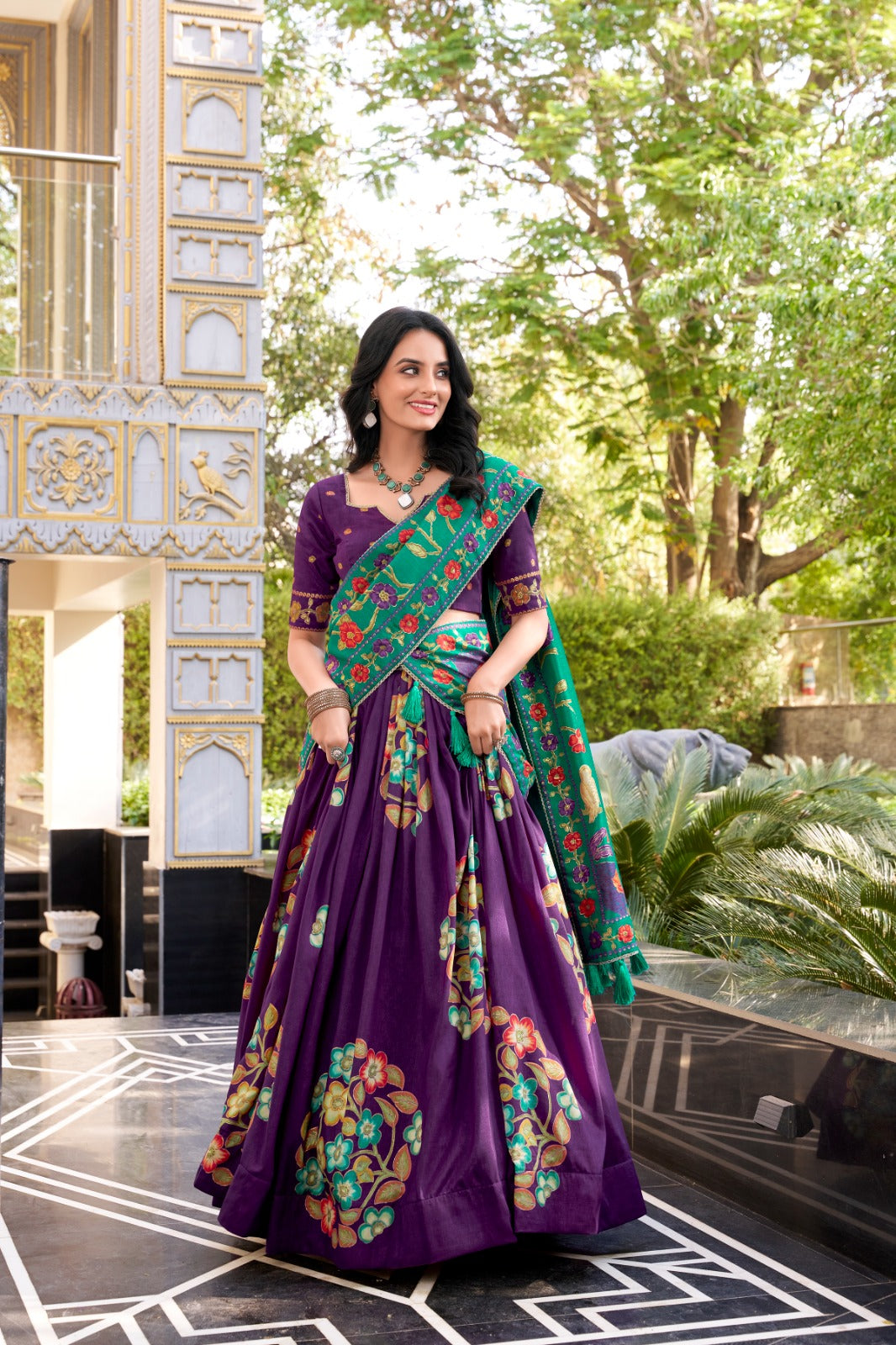 Purple Tussar Silk Printed And Foil Work With Lace Border Lehenga Choli