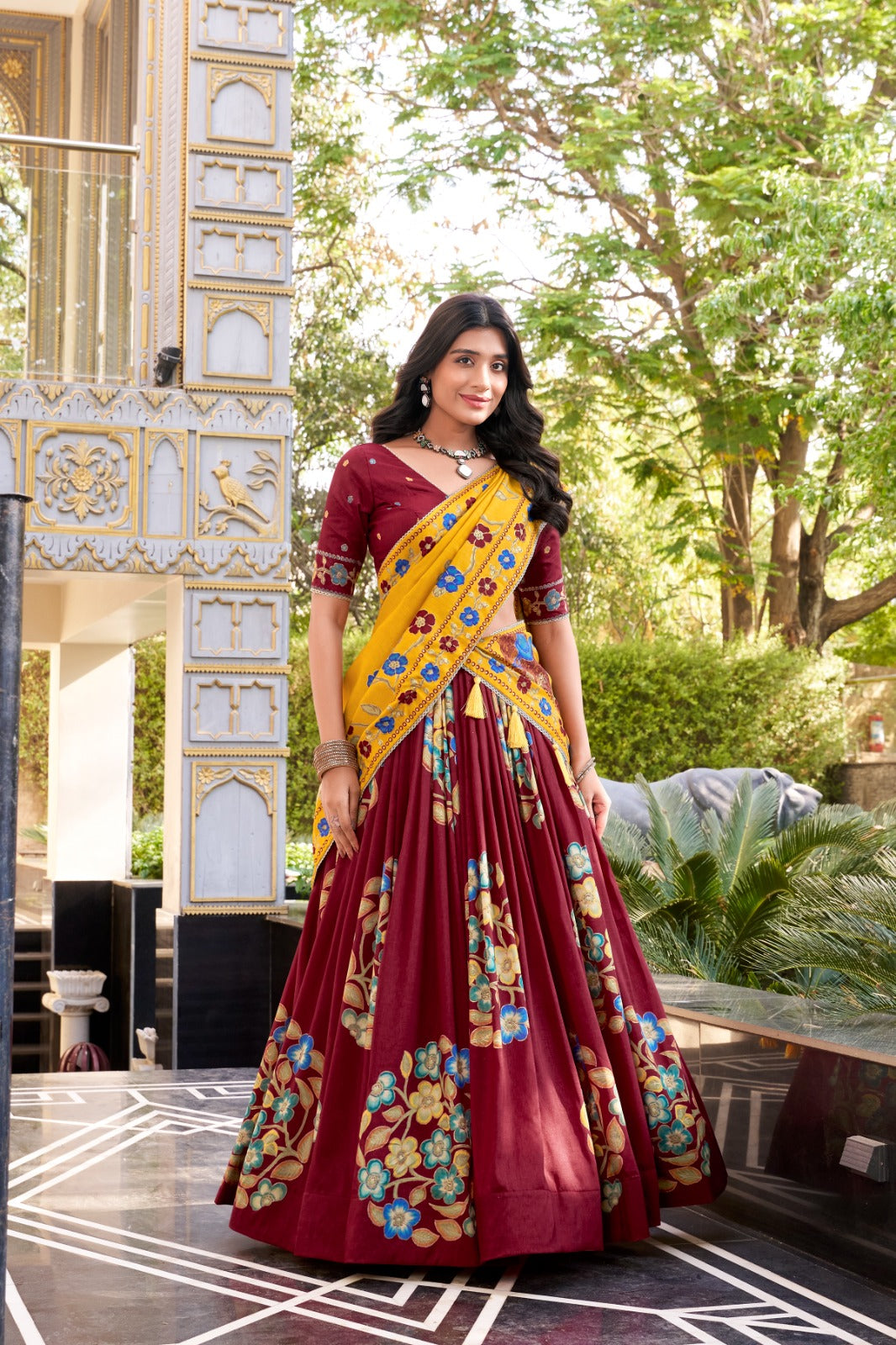 Maroon Tussar Silk Printed And Foil Work With Lace Border Lehenga Choli