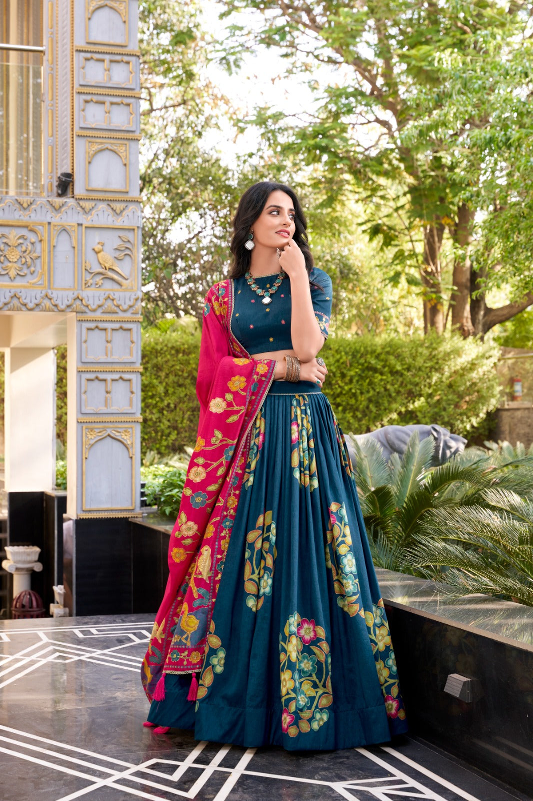 Pestal Blue Tussar Silk Printed And Foil Work With Lace Border Lehenga Choli