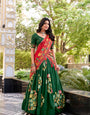 Green Tussar Silk Printed And Foil Work With Lace Border Lehenga Choli