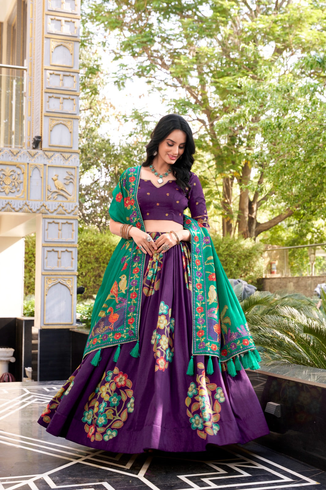 Purple Tussar Silk Printed And Foil Work With Lace Border Lehenga Choli