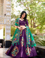 Purple Tussar Silk Printed And Foil Work With Lace Border Lehenga Choli