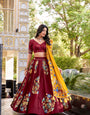 Maroon Tussar Silk Printed And Foil Work With Lace Border Lehenga Choli