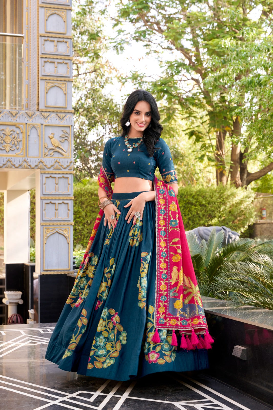 Pestal Blue Tussar Silk Printed And Foil Work With Lace Border Lehenga Choli