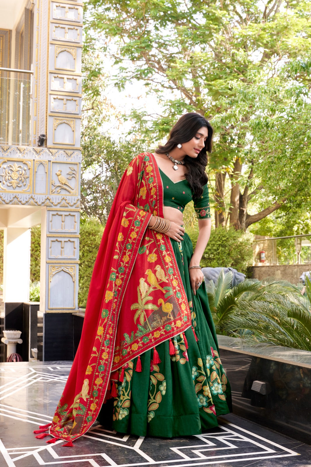 Green Tussar Silk Printed And Foil Work With Lace Border Lehenga Choli
