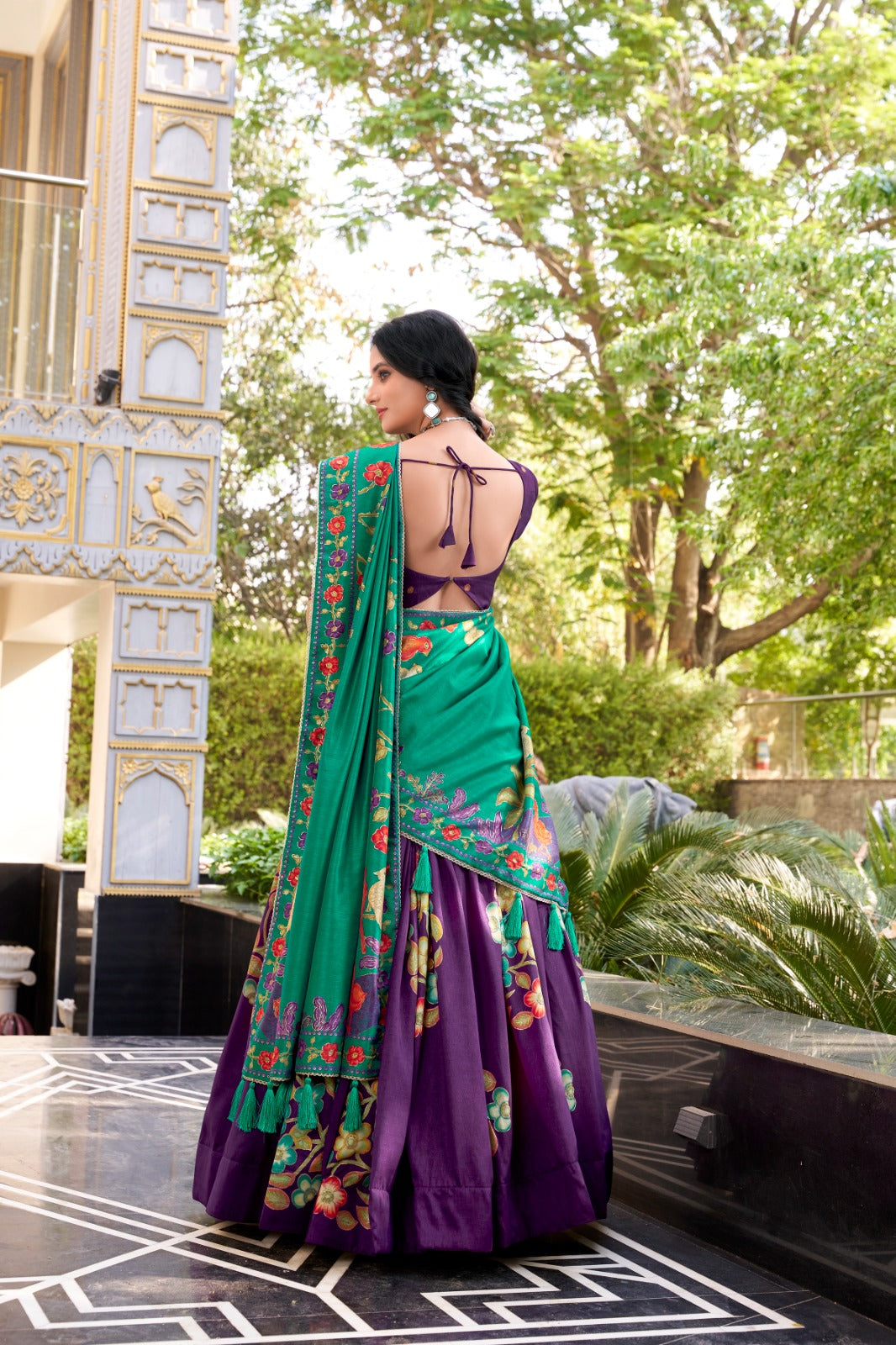 Purple Tussar Silk Printed And Foil Work With Lace Border Lehenga Choli