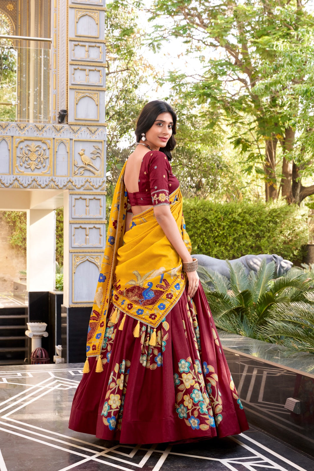 Maroon Tussar Silk Printed And Foil Work With Lace Border Lehenga Choli