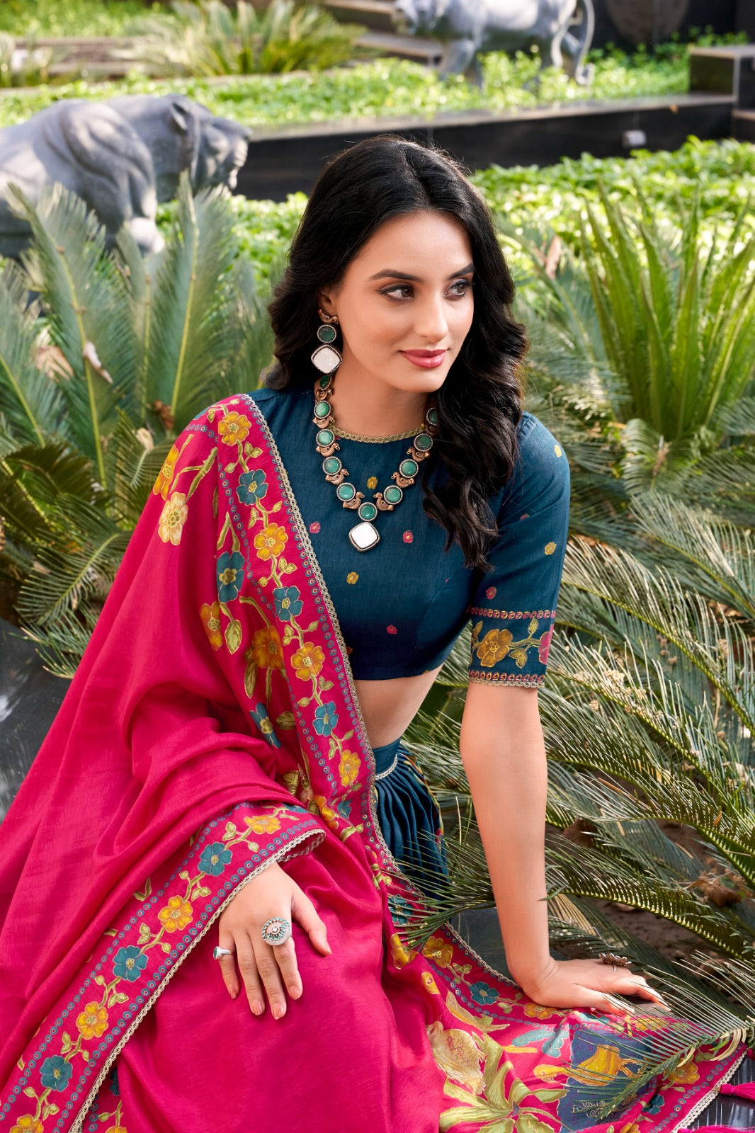 Pestal Blue Tussar Silk Printed And Foil Work With Lace Border Lehenga Choli