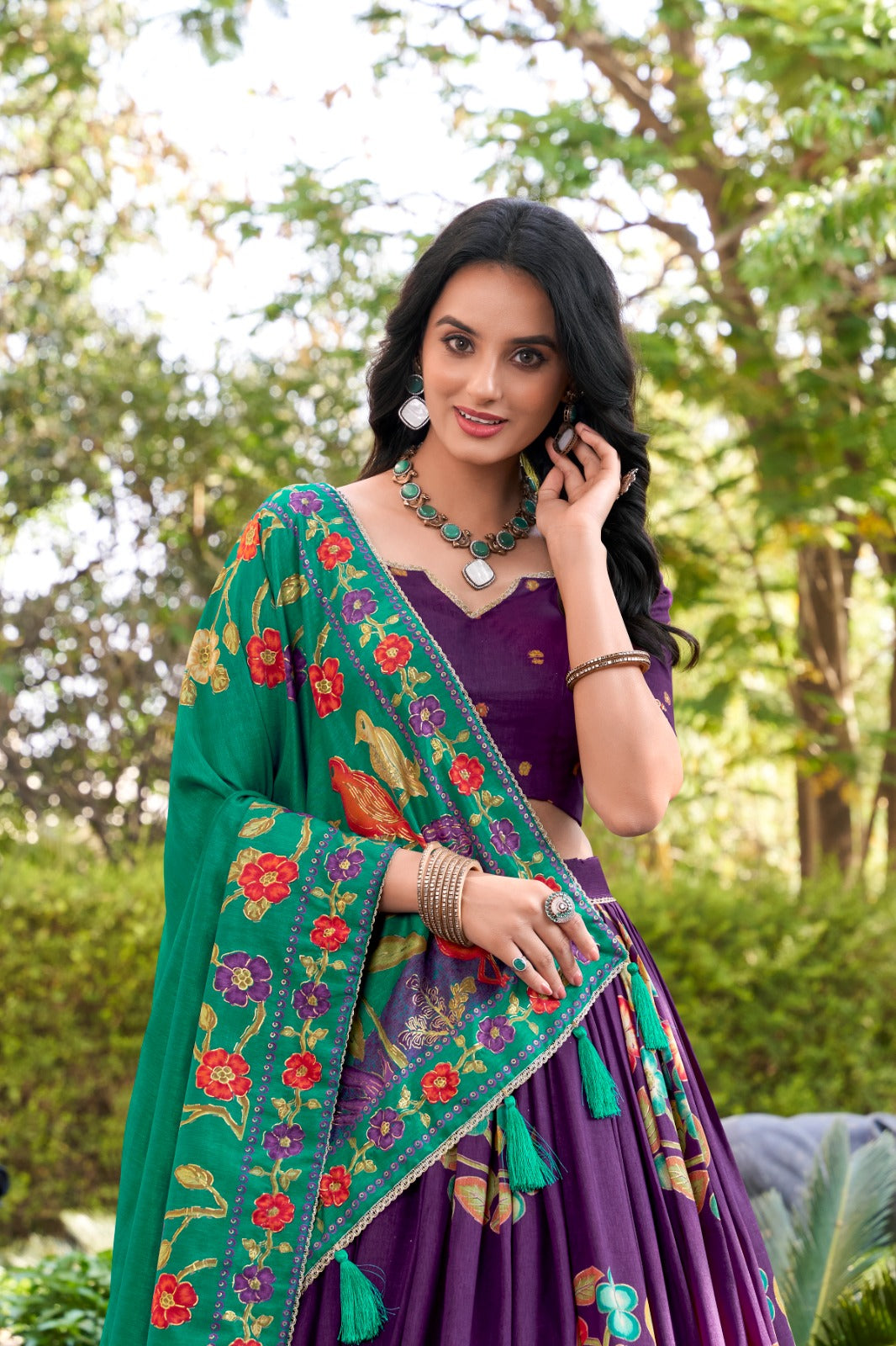 Purple Tussar Silk Printed And Foil Work With Lace Border Lehenga Choli