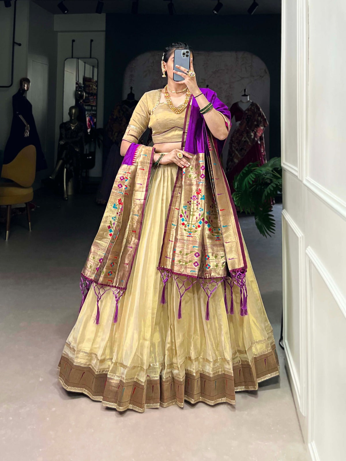 Erode Zari Weaving Plain With Paithani Lace Border Lehenga Choli