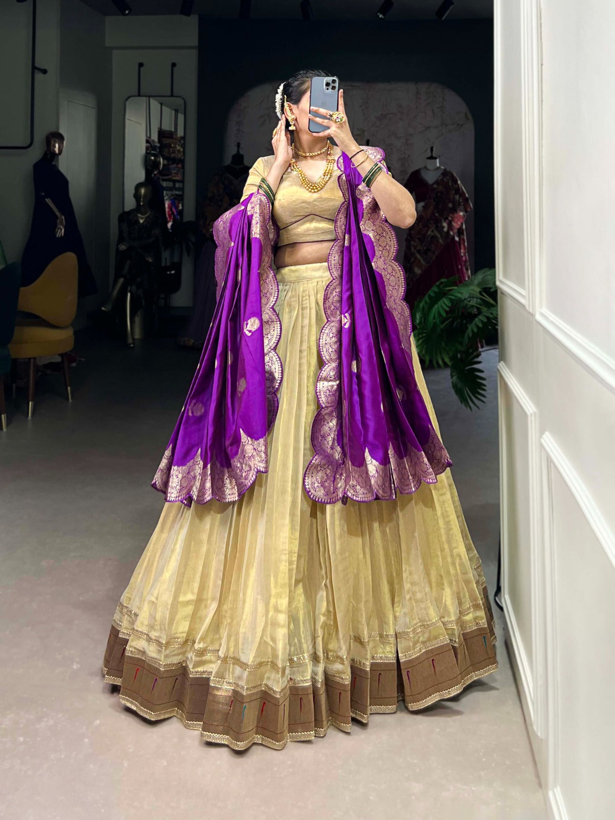 Erode Zari Weaving Plain With Paithani Lace Border Lehenga Choli