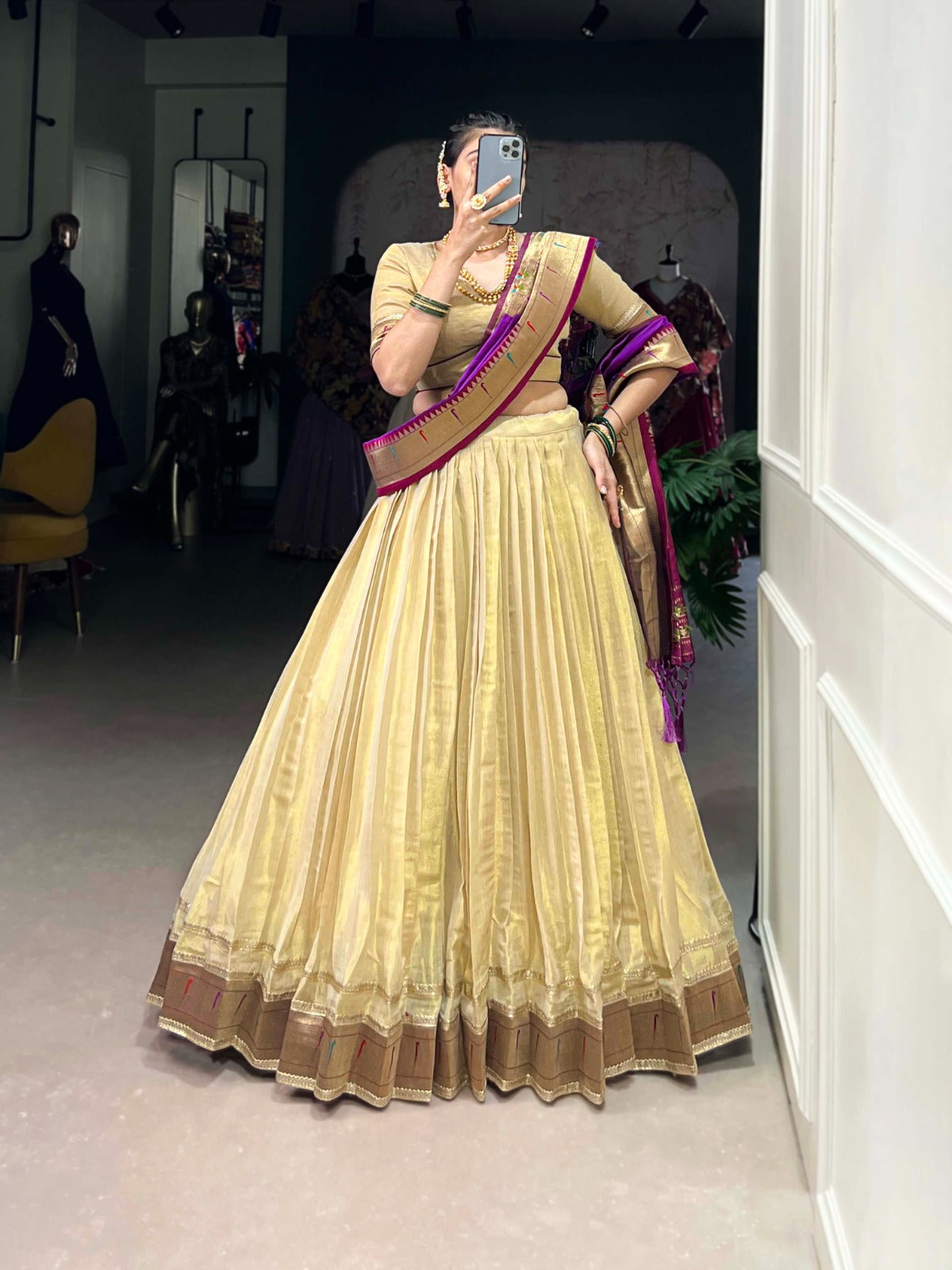 Erode Zari Weaving Plain With Paithani Lace Border Lehenga Choli