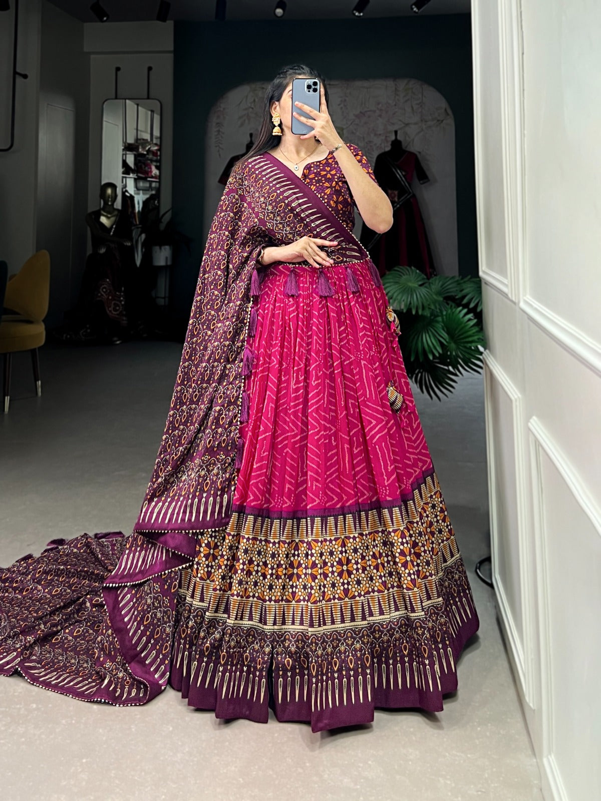 Pink Tussar Silk Bandhej And Ajarakh Printed Lehenga Choli