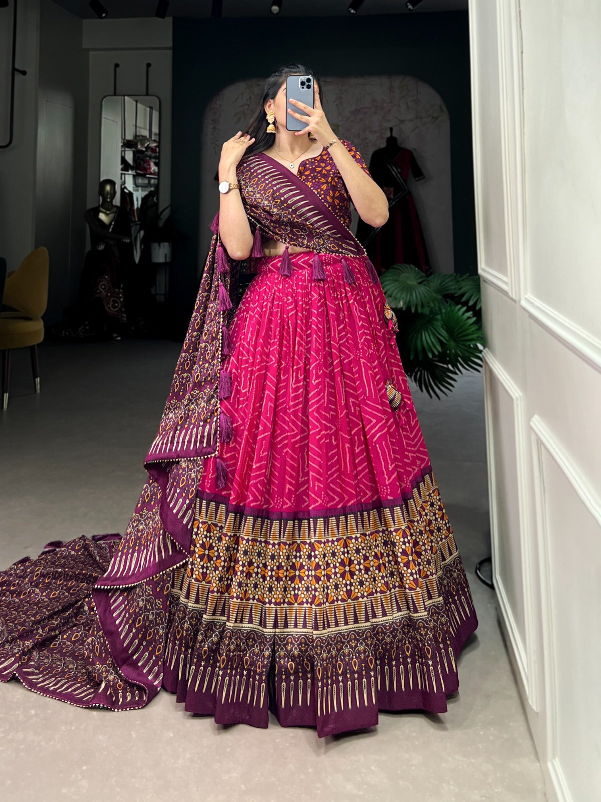 Pink Tussar Silk Bandhej And Ajarakh Printed Lehenga Choli