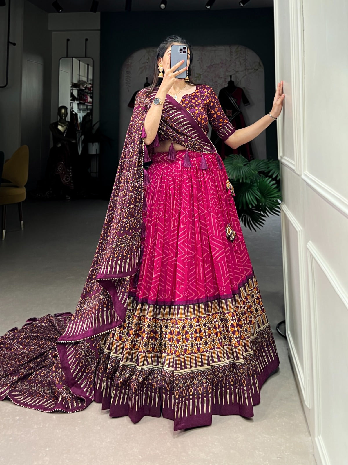 Pink Tussar Silk Bandhej And Ajarakh Printed Lehenga Choli