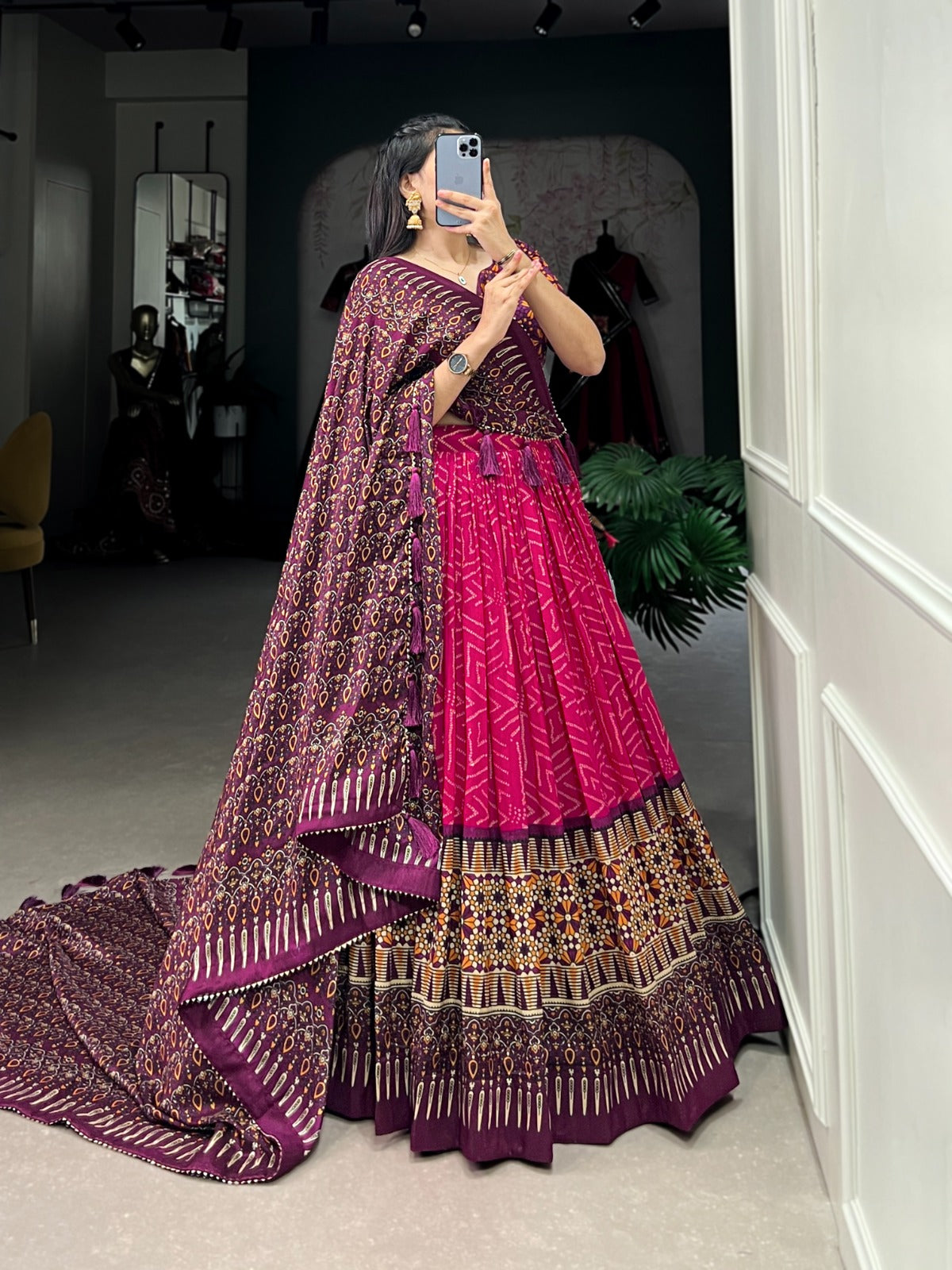 Pink Tussar Silk Bandhej And Ajarakh Printed Lehenga Choli
