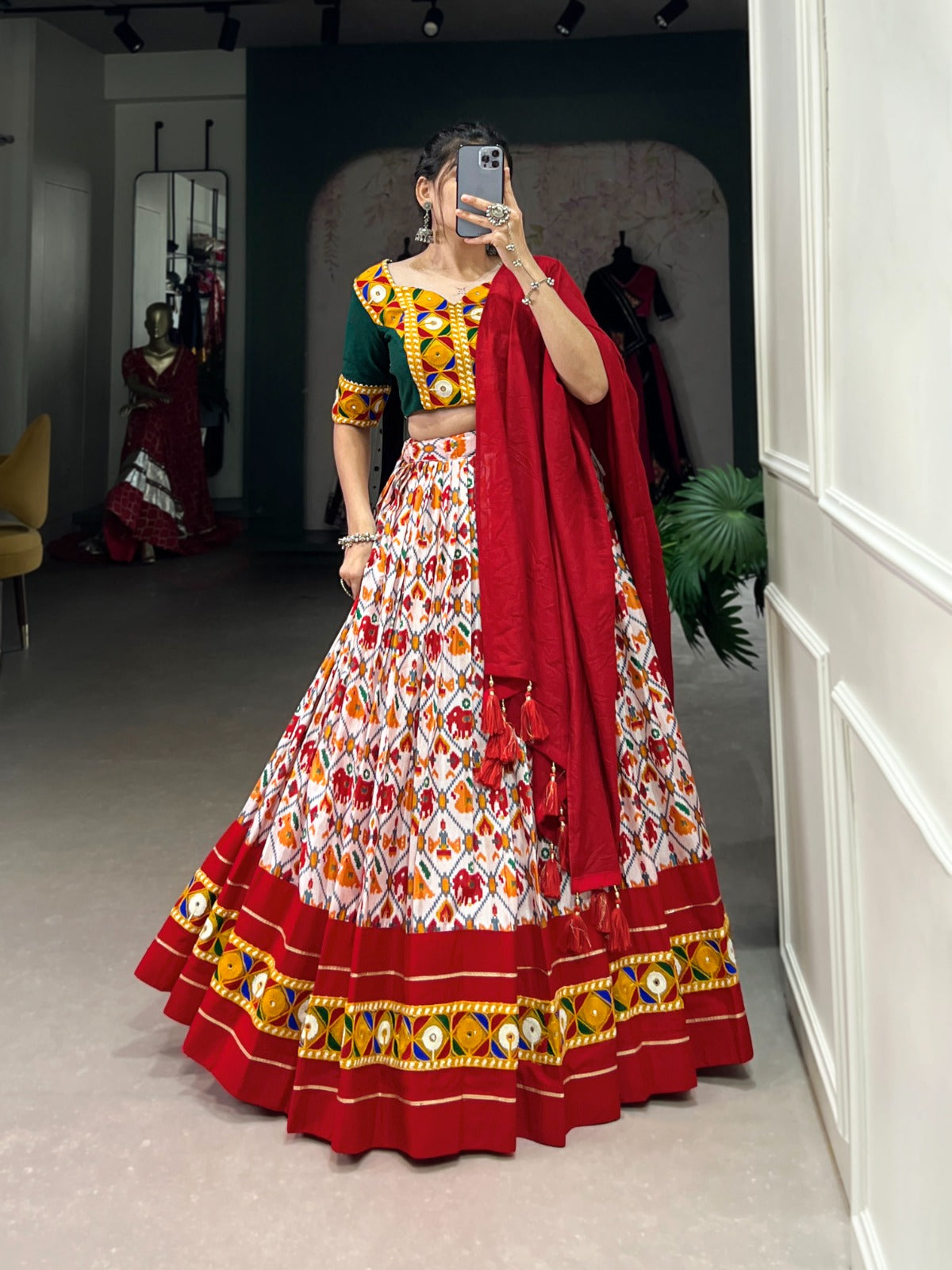 Red And White Dola Silk Patola Print With Foil Work Lehenga Choli