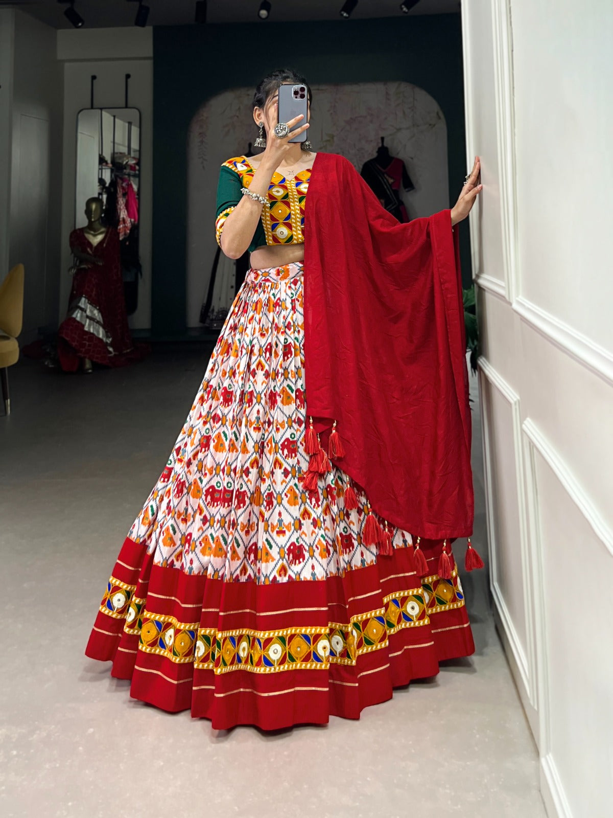 Red And White Dola Silk Patola Print With Foil Work Lehenga Choli