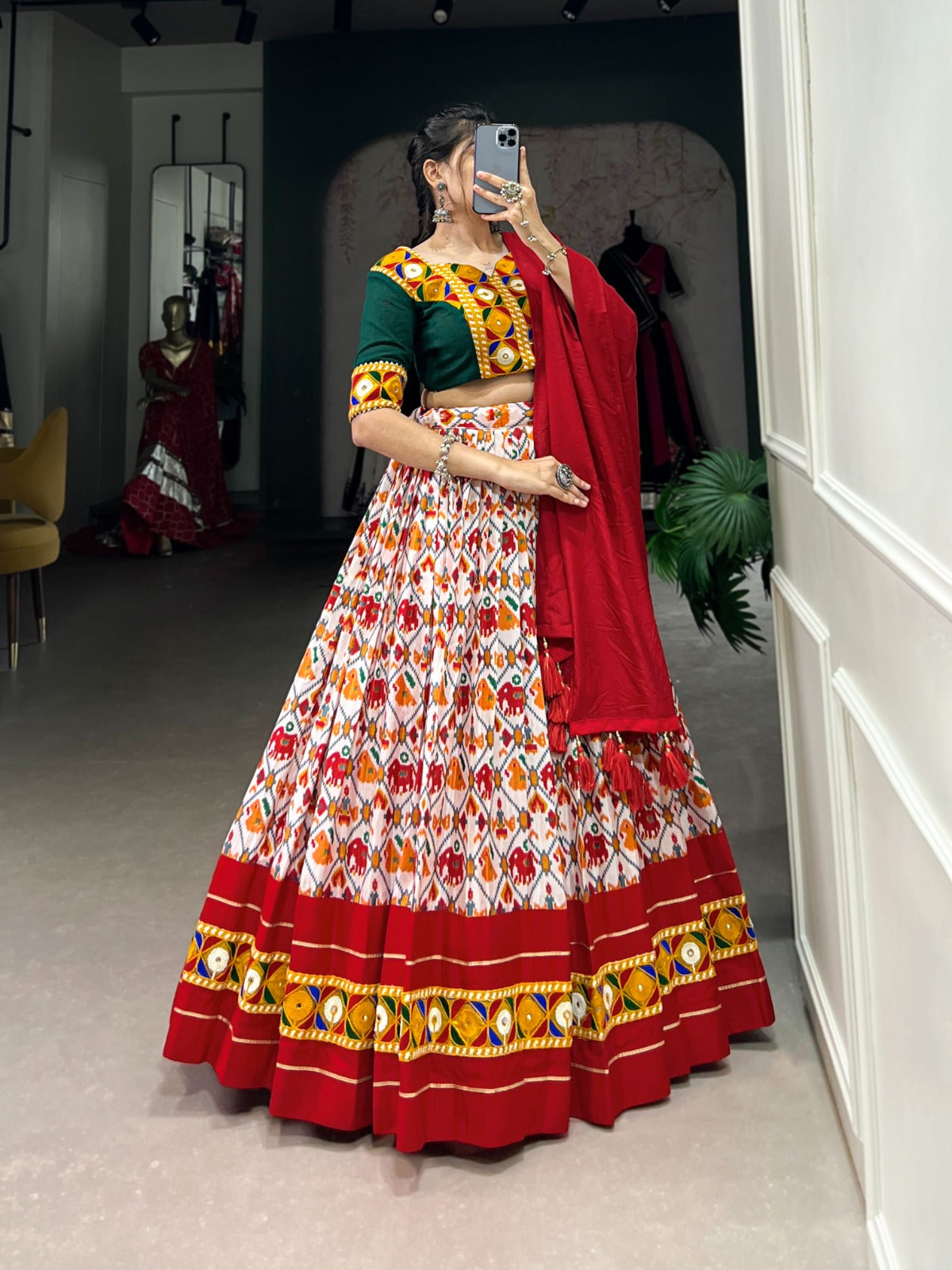 Red And White Dola Silk Patola Print With Foil Work Lehenga Choli