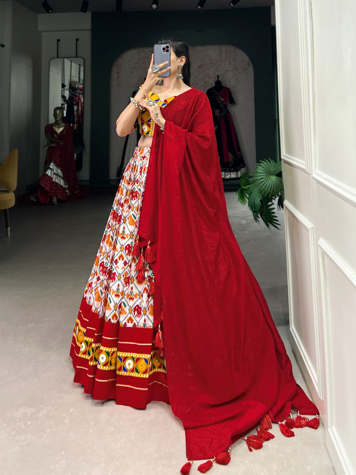 Red And White Dola Silk Patola Print With Foil Work Lehenga Choli