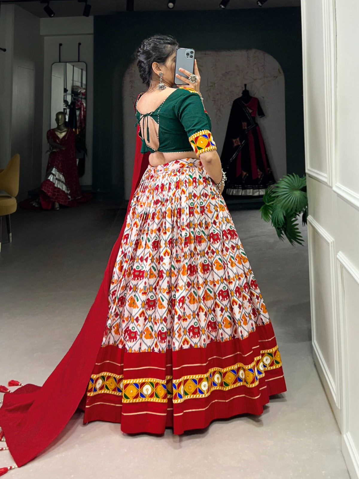 Red And White Dola Silk Patola Print With Foil Work Lehenga Choli