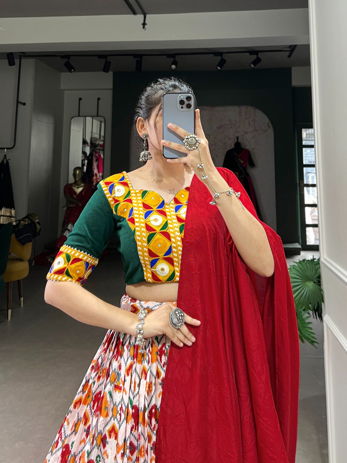 Red And White Dola Silk Patola Print With Foil Work Lehenga Choli