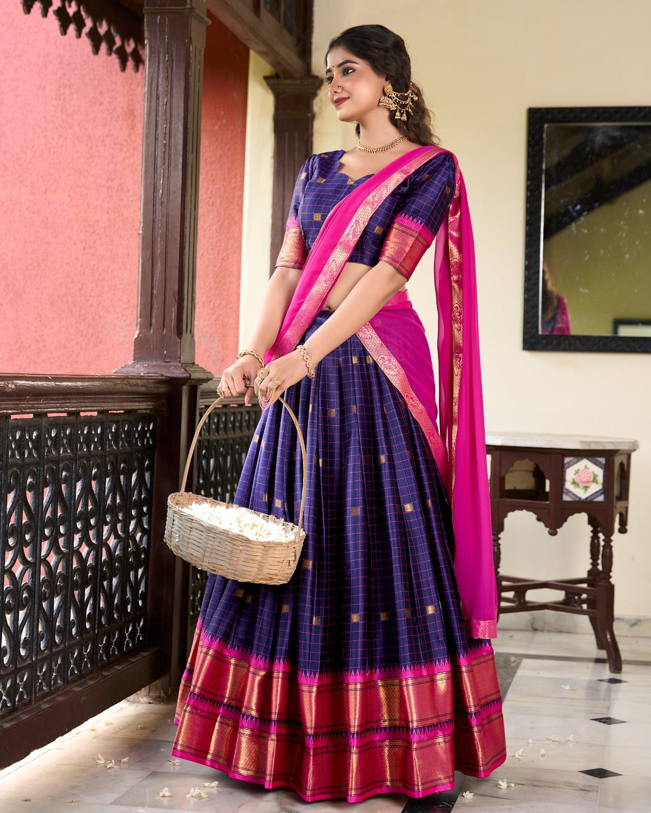 Navy Blue Cotton Silk Weaving Work With Paithani Feel Lehenga Choli