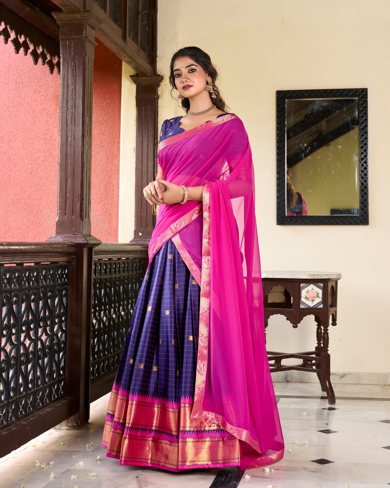 Navy Blue Cotton Silk Weaving Work With Paithani Feel Lehenga Choli