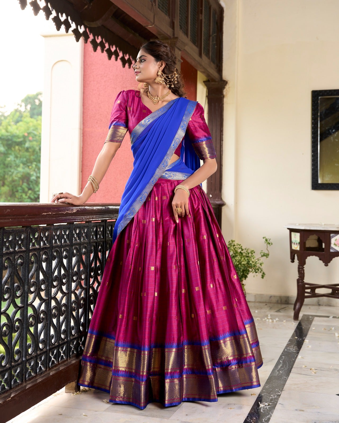 Hot Pink Cotton Silk Weaving Work With Paithani Feel Lehenga Choli