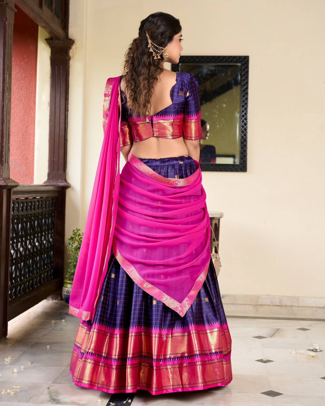 Navy Blue Cotton Silk Weaving Work With Paithani Feel Lehenga Choli