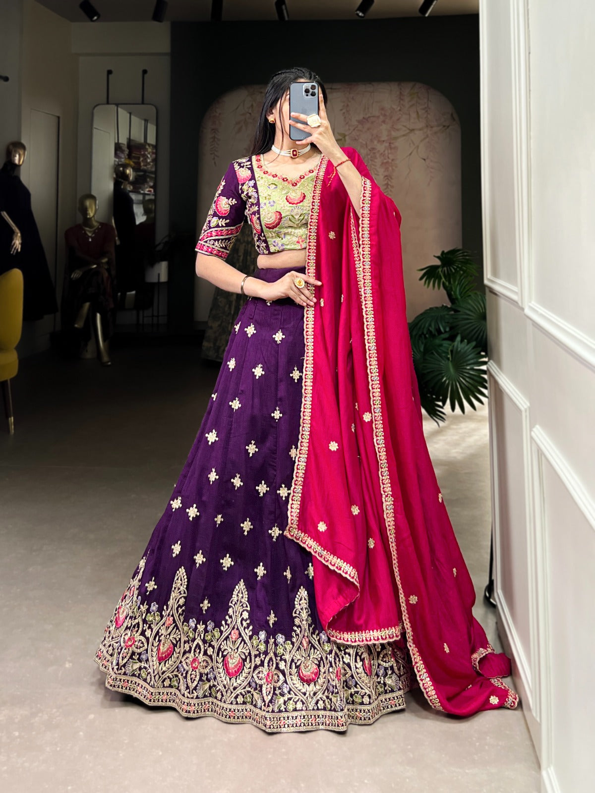Purple Vichitra Silk Sequins and Thread Embroidery Work Lehenga Choli