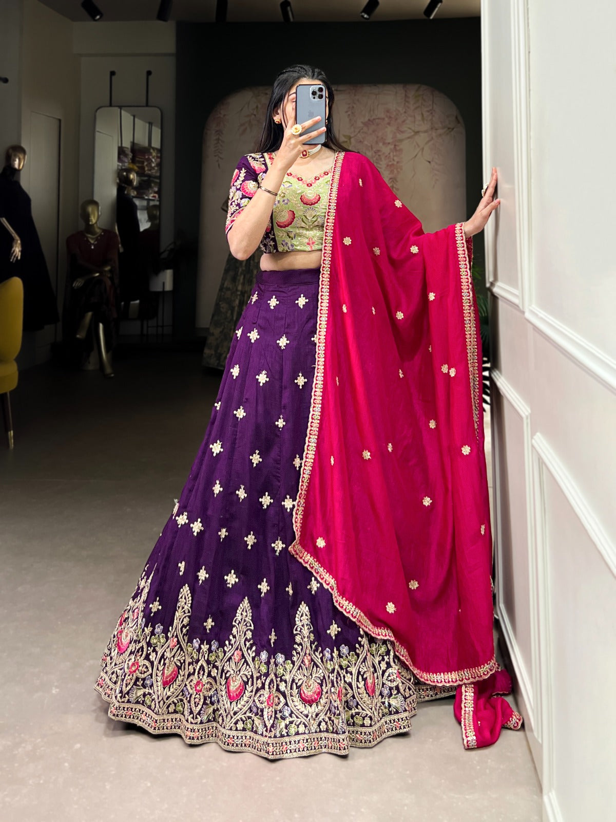 Purple Vichitra Silk Sequins and Thread Embroidery Work Lehenga Choli