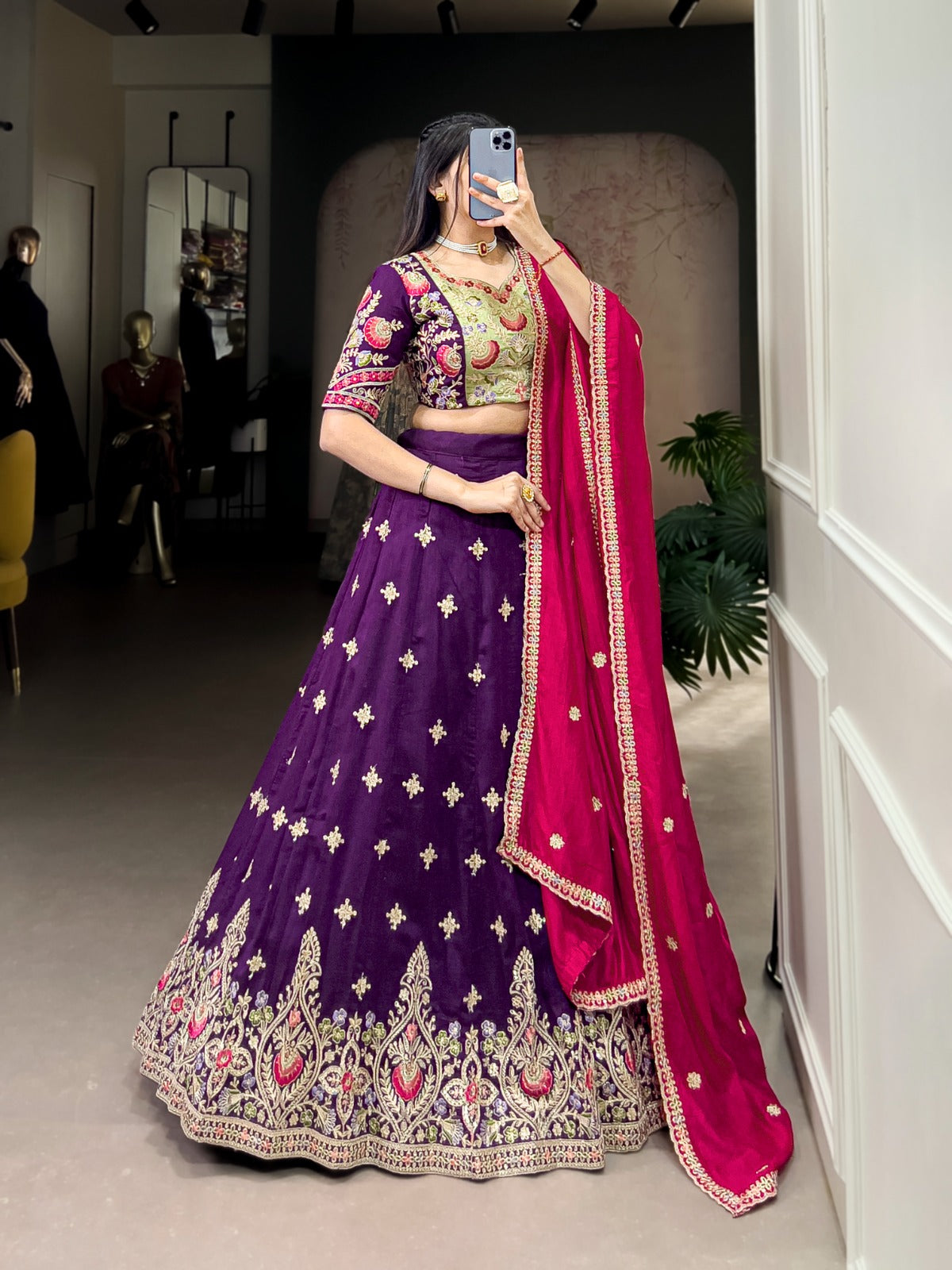 Purple Vichitra Silk Sequins and Thread Embroidery Work Lehenga Choli