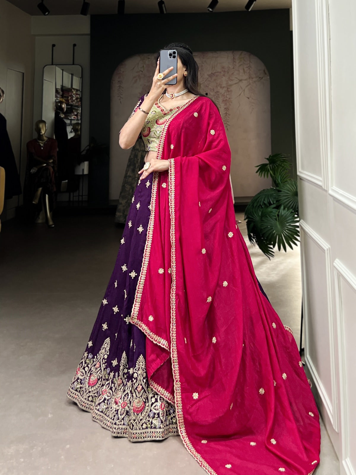 Purple Vichitra Silk Sequins and Thread Embroidery Work Lehenga Choli