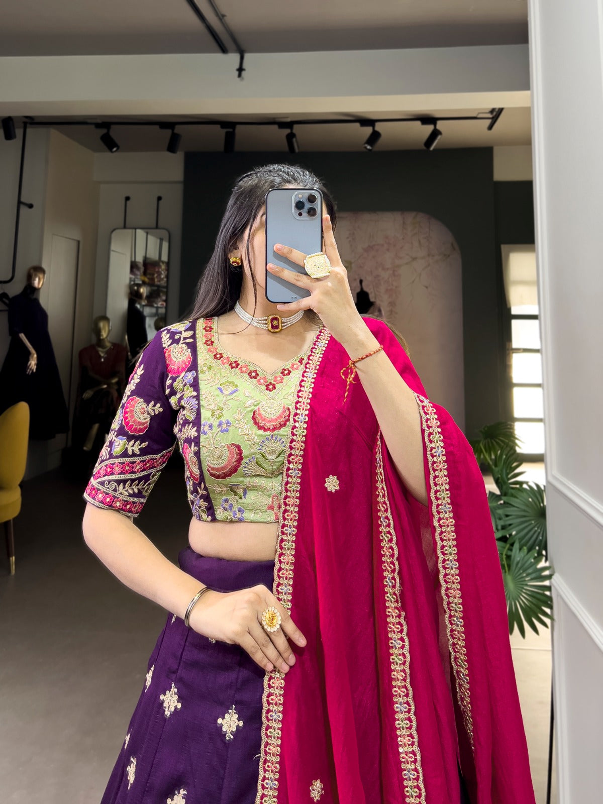 Purple Vichitra Silk Sequins and Thread Embroidery Work Lehenga Choli